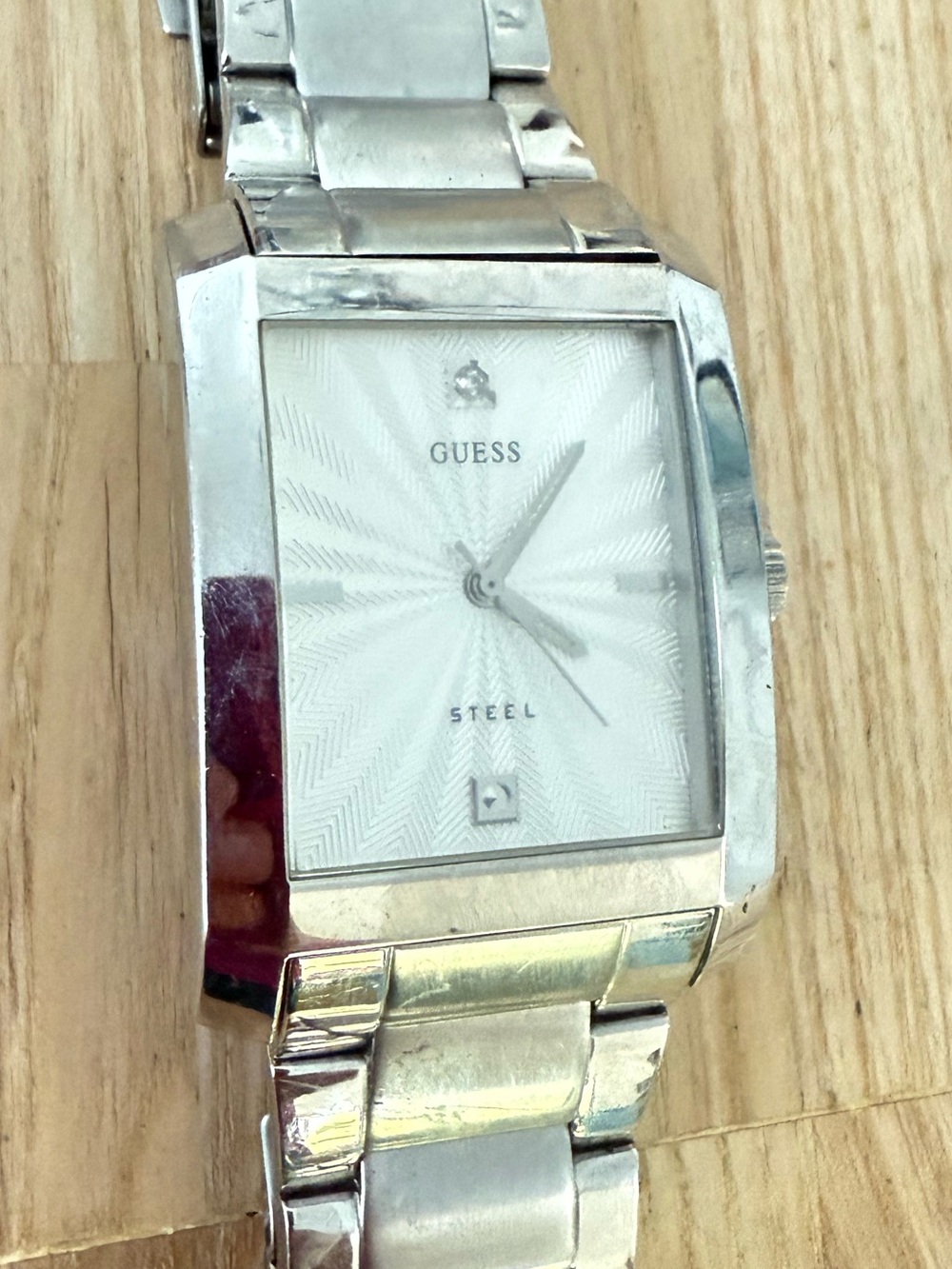 Guess steel rectangular silver tone watch NEW BATTERY